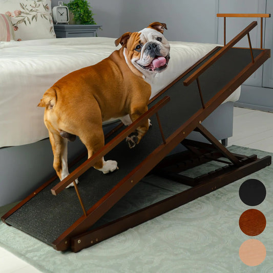 Pawssible™ Adjustable Birchwood Dog Ramp - Walnut Finish, Foldable & Anti-Slip
