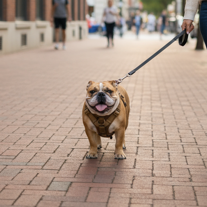 Person walking a white dog on a leash in a park